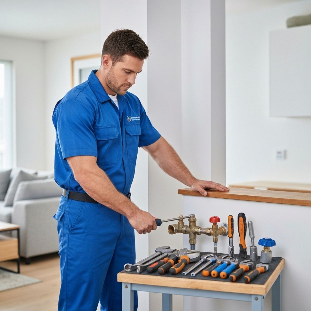 Professional plumber working on pipes